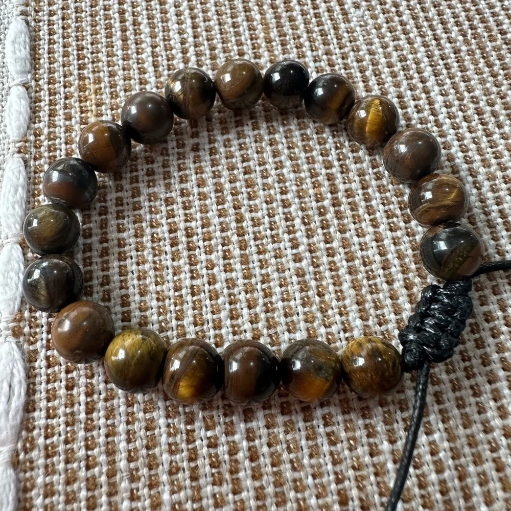 8mm Tiger Eye Stone Beads Bracelet Adjustable Braided Rope Bangles For M…